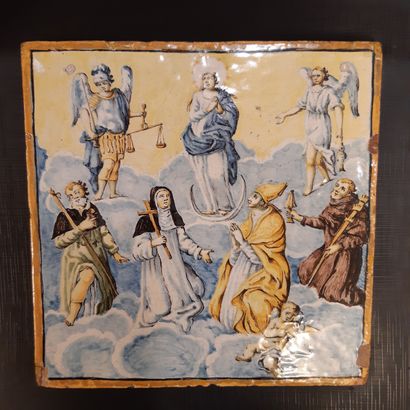 Castelli Plaque rectangulaire à décor polychrome représentant une scène biblique...