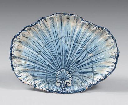 ROUEN Large flat bowl in the shape of a shell decorated in blue monochrome with a...