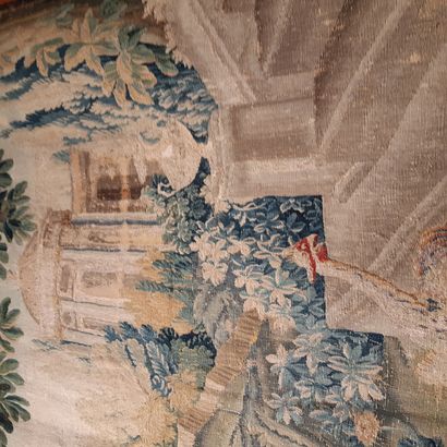 null Tapestry in wool and silk decorated with a rotunda in a park with a staircase...