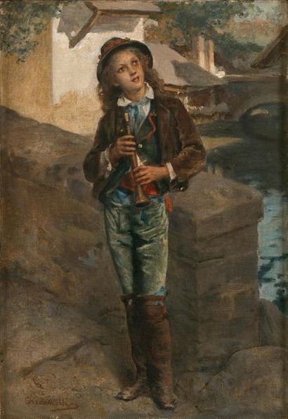 Vincenzo GIACOMOLLI (1841-1890) 
Young flautist
Oil on canvas, signed lower left.
36...