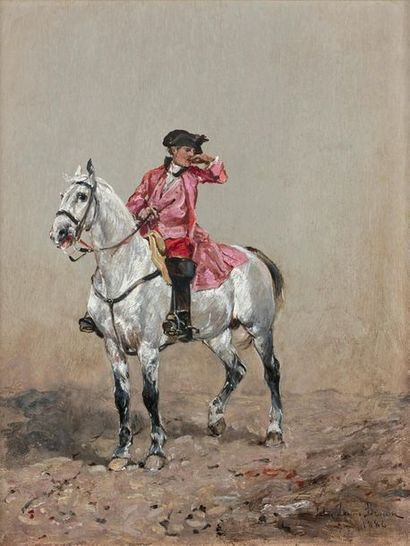 John Lewis BROWN (1829-1890) 
Cavalier à la redingote rose
Huile sur panneau, signée...
