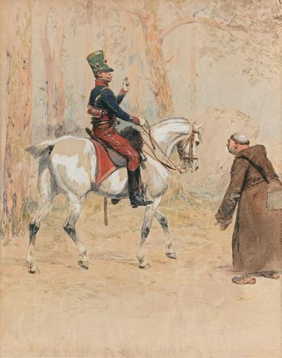 ÉCOLE FRANÇAISE du XIXe siècle, attribué à 
Moine rencontrant un cavalier dans la...