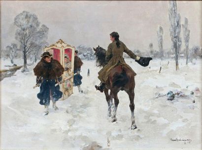 Hans BACHMAN (1852-1917) 
Chaise à porteur sous la neige
Huile sur toile, signée...