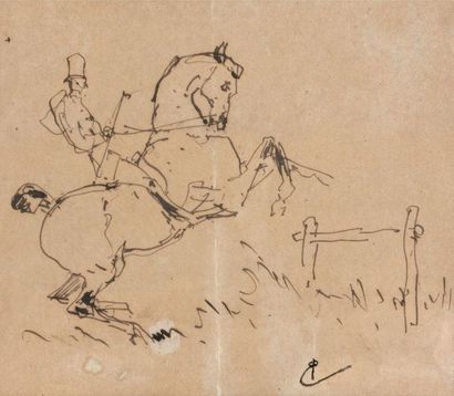 René PRINCETEAU (1843-1914) 
Cheval et son cavalier sautant une barrière
Plume, monogrammée...