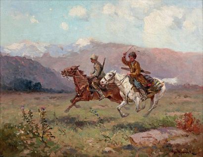 Georges DJAKELI (XXe siècle) 
Deux cavaliers cosaques
Huile sur panneau, signée en...