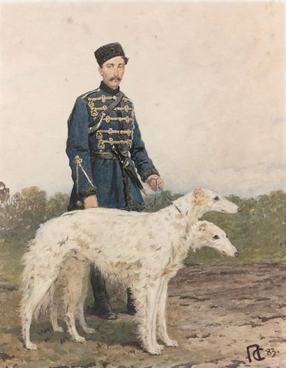 ÉCOLE RUSSE du XIXe siècle (Pierre Petrovitch 
Russian soldier holding two barzoïs
Watercolour,...