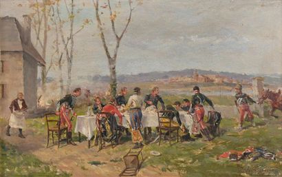Guido Sigriste (1864-1915) 
Le repas des officiers
Huile sur panneau, signée en bas...