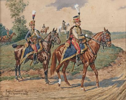 Charles BOMBLED (1862-1927) 
Deux hussards, devant Napoléon
Aquarelle gouachée, signée...