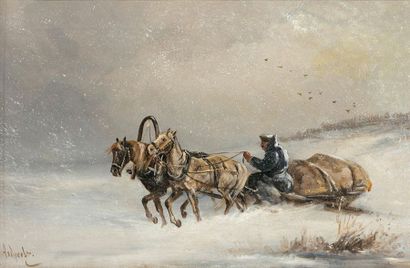 ANDREEV Traineau sous la neige
Deux huiles sur toile, signées en cyrillique en bas...