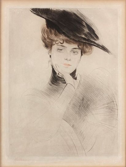 Paul-César HELLEU (1859-1927) 
Femme au chapeau
Pointe sèche, signée en bas à gauche.
Planche...