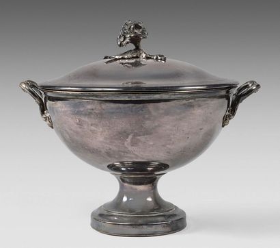 null Covered soup tureen on a silvery metal pedestal. Flower lid socket. Two handles.
Height...