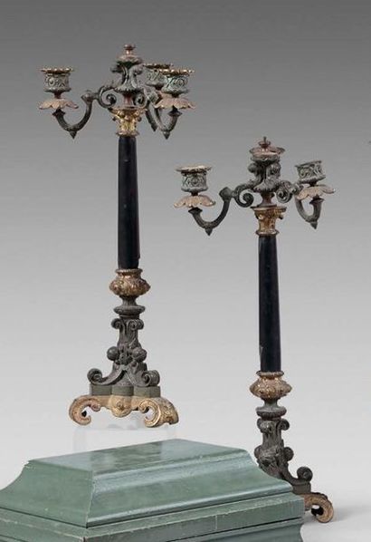 null Pair of black marble, patinated bronze and gilt bronze candelabra with four...