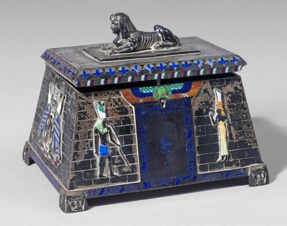 null Silver jewelry box in the shape of an Egyptian temple decorated with characters...
