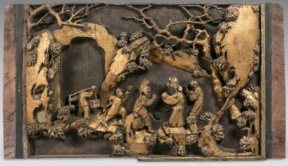 null Four gilded and carved wooden panels in high relief of Chinese scenes with characters,...