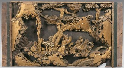 null Four gilded and carved wooden panels in high relief of Chinese scenes with characters,...