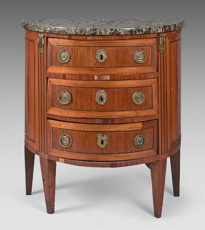 null Small half-moon chest of drawers in rosewood veneer, black and white filets...