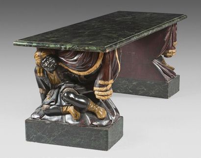 null Table basse rectangulaire à deux pieds en bois polychrome et doré sculpté de...