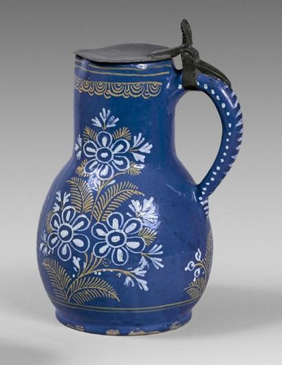 ROUEN Large pitcher with pewter lid decorated in fixed white and yellow with floral...