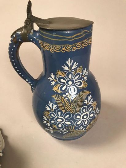 ROUEN Large pitcher with pewter lid decorated in fixed white and yellow with floral...
