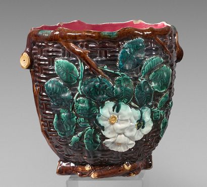 null Large planter in slip with polychrome decoration in slight relief of flowering...