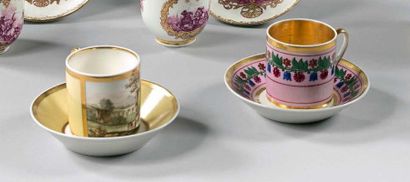 PARIS Two litron cups and their saucers with a polychrome decoration of a country...