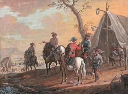 Jean-Baptiste LE PAON (1736-1785) 
Riders' halt, toasting and smoking
Gouache.
15,7...