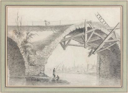 Ecole Française de la fin du XVIIIe siècle, suiveur d'Hubert ROBERT 
Vue d'un pont...