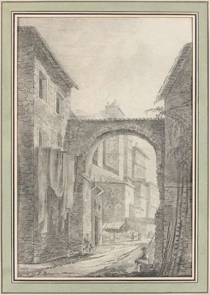 Ecole Française de la fin du XVIIIe siècle, suiveur d'Hubert ROBERT 
Vue d'une arche...