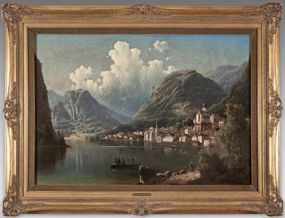 Ferdinand LEPIÉ (1824-1883) 
Vue du lac de Hallstatt, dans le Salzkammergut en Autriche
Huile...