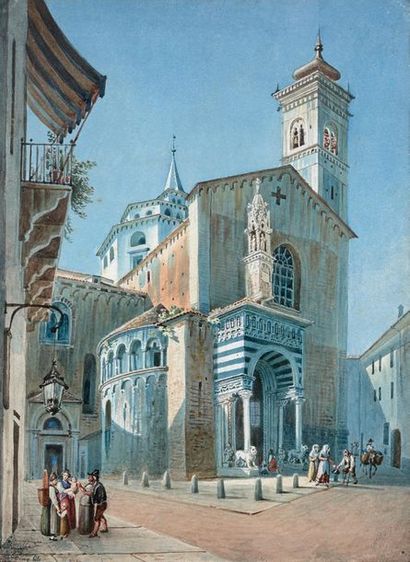 Gabriel LORY fils (1784-1846) 
Vue de l'église Santa Maria Maggiore à Bergame
Gouache,...