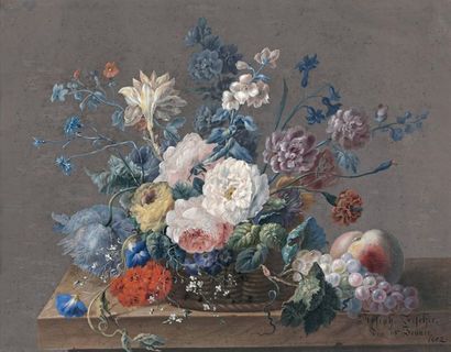 Joseph FISCHER (1769-1822) 
Nature morte aux fruits et fleurs sur un entablement
Pastel...