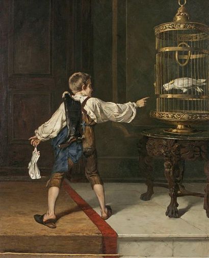 Christian Ludwig BOKELMANN (1844-1894) 
Enfant jouant avec un oiseau en cage
Huile...