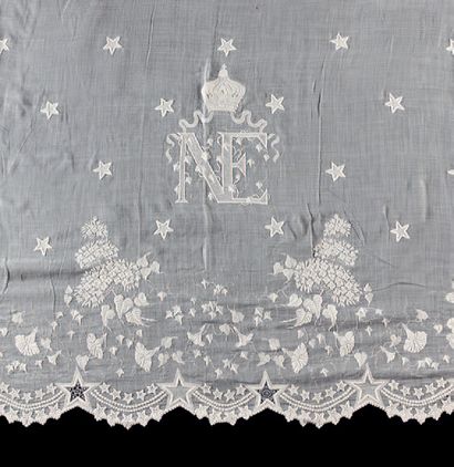 LE PRINCE IMPÉRIAL Very finely embroidered linen crib veil decorated with flowers...