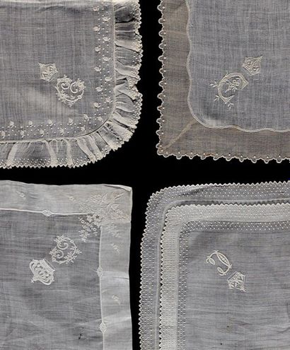 CLÉMENTINE DE BELGIQUE Four embroidered linen handkerchiefs, numbered in a C angle...
