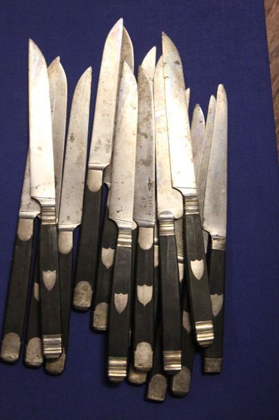 null Set of knives, blackened wooden handles, silver ferrules, base and shield comprising:...