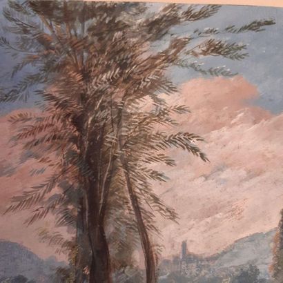 École FRANÇAISE du XVIIIe siècle 
Animated landscape with two characters
Gouache...