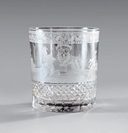 REINE HORTENSE Glass goblet in cut crystal engraved with horsemen with the monogram...