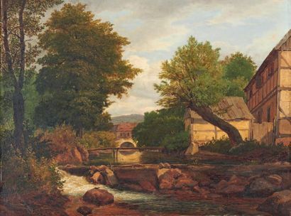 Ecole FRANCAISE, vers 1830 
Paysage au cours d'eau
Huile sur panneau.
30,5 x 40 ...