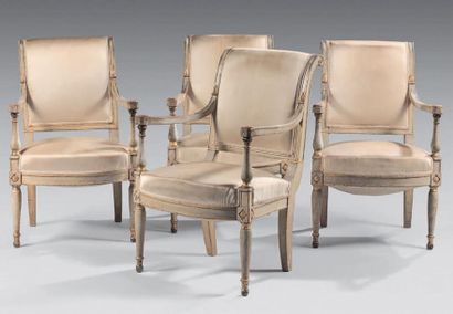 Suite of four upside-down beechwood armchairs...