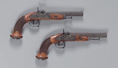 null Pair of percussion pistols, officer's pistols.
Hair rifled barrels. Engraved...