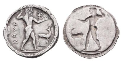 ITALIE BRUTTIUM Caulonia (530-480 av. J.-C.). Statère. 7,83 g. Homme nu debout à...