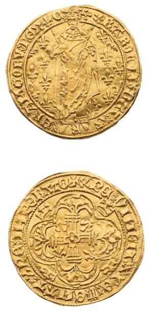 null Royal d'or. 1ère émission (9 octobre 1429). Chinon (c). 3,74 g. Le Roi debout...