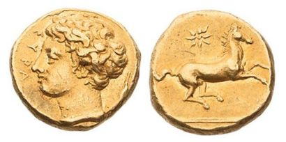 Sicile 50 Litrae en or (390 av. J.-C.). 2,89 g. Tête imberbe du dieu fluvial Anapos...
