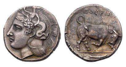 ITALIE Thurium (400-350 av. J.-C.). Distatère. 15,47 g. Tête d'Athéna à gauche, coiffée...
