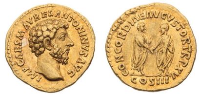 null MARC AURÈLE (161-180) Auréus. 7,23 g. Rome (164). Sa tête nue à droite. R/Marc...