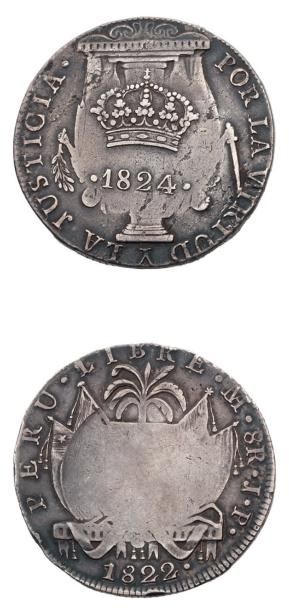 PÉROU RÉPUBLIQUE 8 Reales. 1822 contremarque royaliste: couronne 1824. KM. 130. TTB...