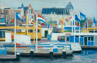 Hollande (1980-1994) L'embarcadère, Amsterdam Huile sur toile, signée en bas à droite,...