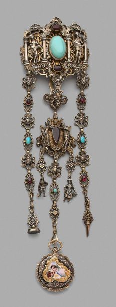 null Openwork vermeil chatelaine decorated with an antique couple surrounding a blue...