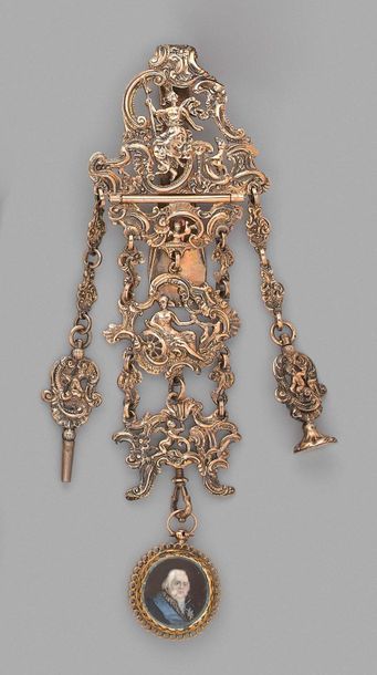 null Chatelaine in silver and vermeil with openwork decoration of goddesses in rocaille...