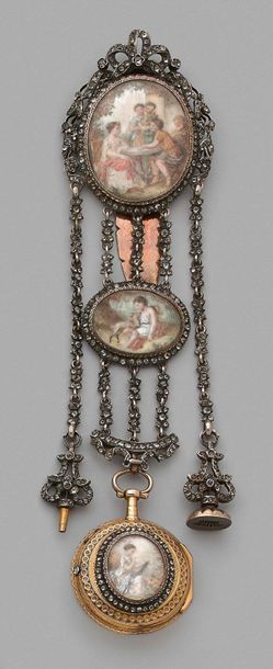 null Chatelaine in silver and vermeil, with oval medallions decorated with polychrome...